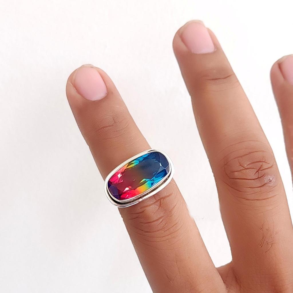 Horizontal Watermelon Tourmaline Quartz 925 Sterling Silver Ring Jewelry, Unique Handmade Ring