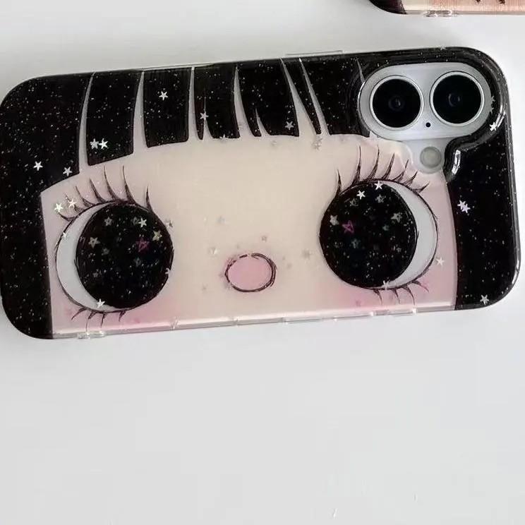 Phone Case for Samsung Galaxy S25 S24 S23 S22 S21 FE Ultra Plus 4G 5G Feather Texture Back Cover Kawaii Cute Black Big Eyes Cool