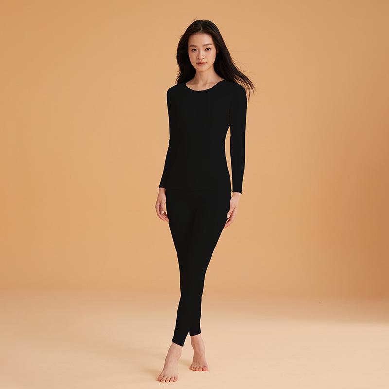 Women's Thermal Down Skincare Underwear Set - Autumn/Winter Round Neck Top & Bottom for Couples