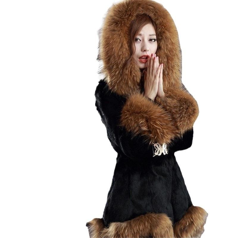 New Autumn and Winter Imitation Fur Coat Women's Medium and Long Imitation Mink Hair Hooded Imitation Fox Fur Collar Coat Slim Fur
