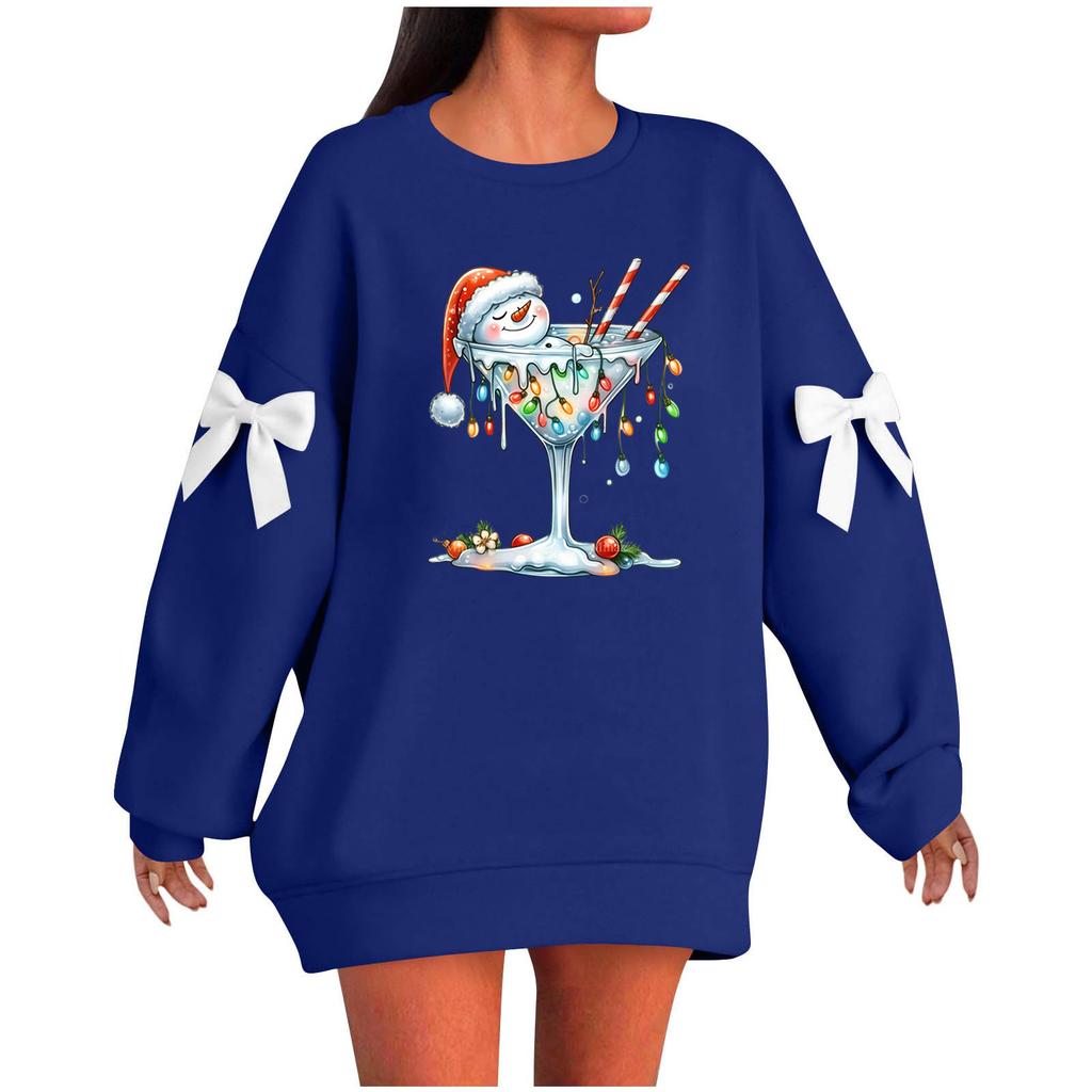 Ladies' Christmas Printed Bow Round Neck Long Sleeved Loose Pullover Sweater Sweatshirt Top