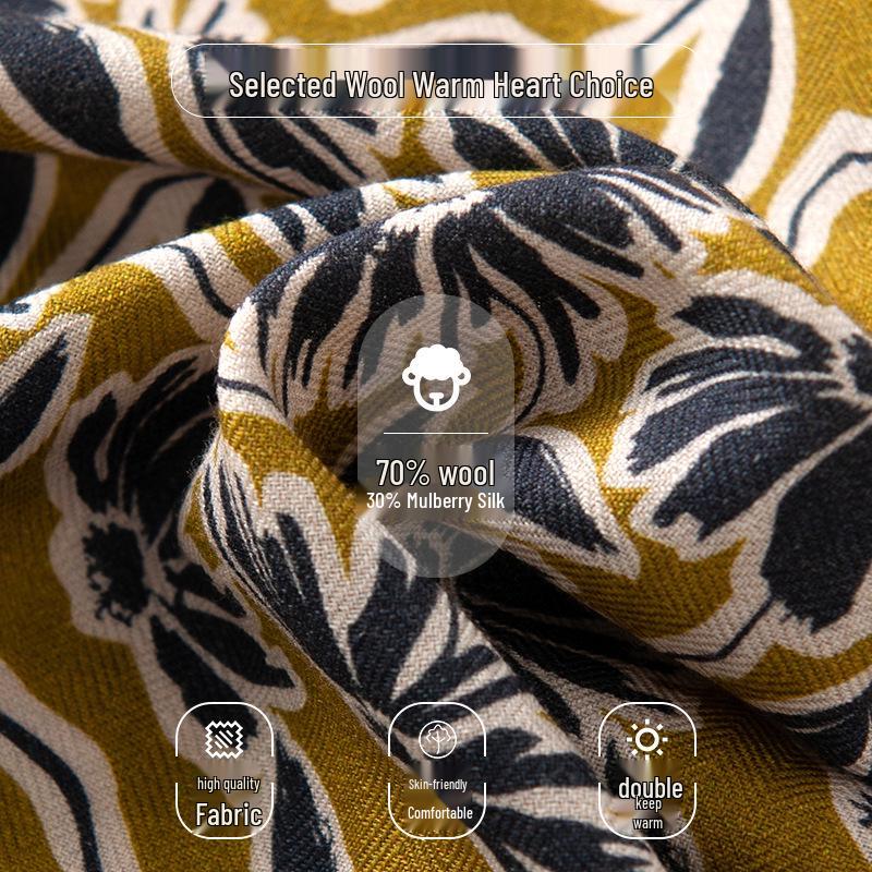 Women's Elegant Silk Wool Scarf: 2025 Autumn/Winter Double-Sided Print, Sun Protection, and Warmth