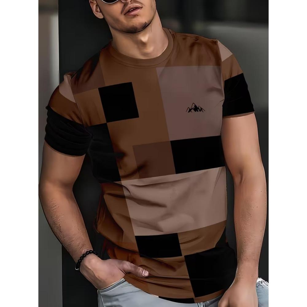 Мужская модная футболка Повседневная Кофейный Клетчатый Круглый вырез Короткий рукав Обычная посадка Топ XS