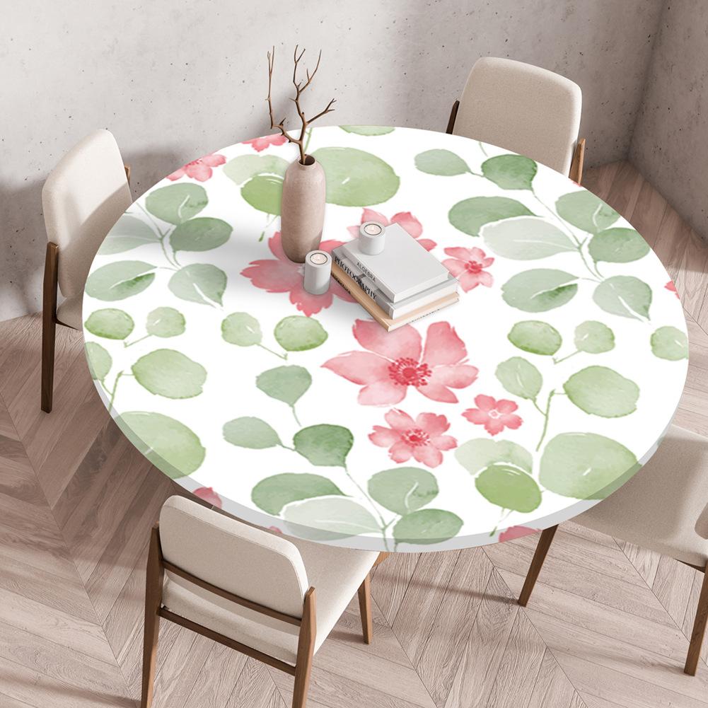 Round Table Cover Protector Elastic –Floral Print Fitted Tablecloth Waterproof,Elastic Edge Round Table Cloth for Dining Kitchen
