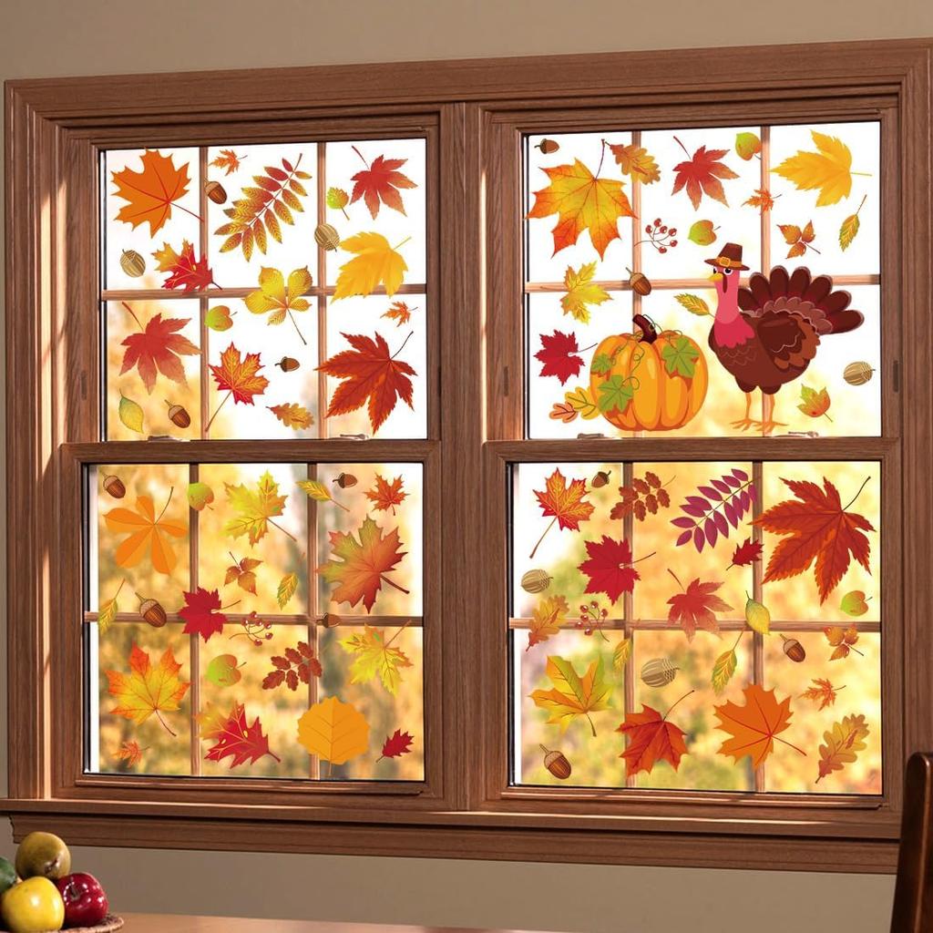 164 PCS Fall Window Clings for Glass Windows Autumn Window Clings Stickers Maple Leaf Window Stickers for Thanksgiving Autumn Home Office Decorations