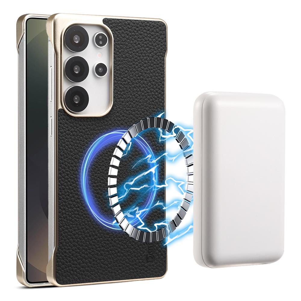

For Samsung Galaxy S25 Ultra Magnetic Case Litchi Texture Genuine Cow Leather+PC Boardless Phone Cover Brown