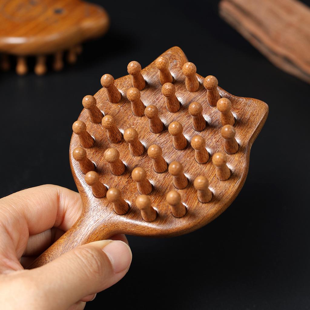 Small Cat Shaped Wide Tooth Sandalwood Hair Comb Portable Detangling Massage Brush with Fun Playful Design for All Hair Types