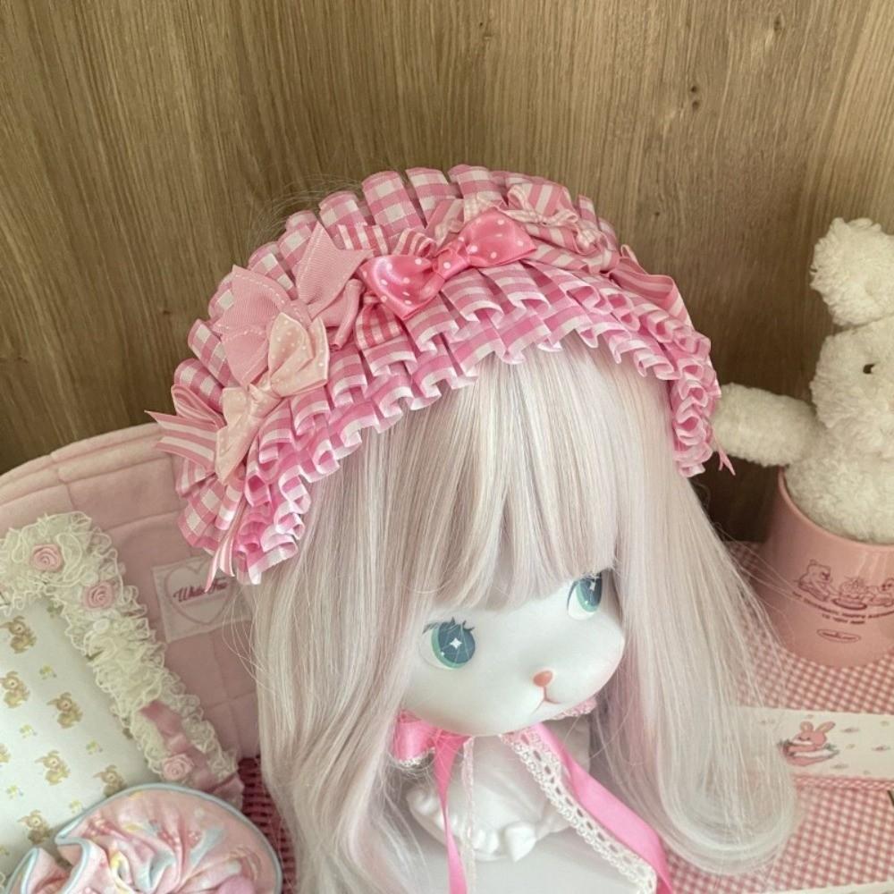 Elegant Pink Plaid Headband Imitation Pearl Lolita Hair Band Lace Bow Hair Accessory  Daily Wear