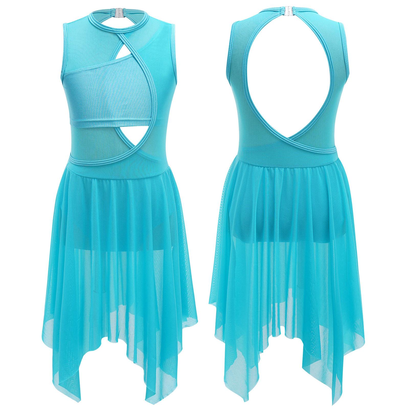 

Ліричні танцювальні костюми для дівчат, сучасний танцювальний одяг, без рукавів, вирізана сітчаста тюлева сукня 7-8 Years синій