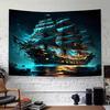 Pirate Ship Ocean Landscape Tapestry Wall Hanging - Navigation Themed Polyester Fiber Fabric