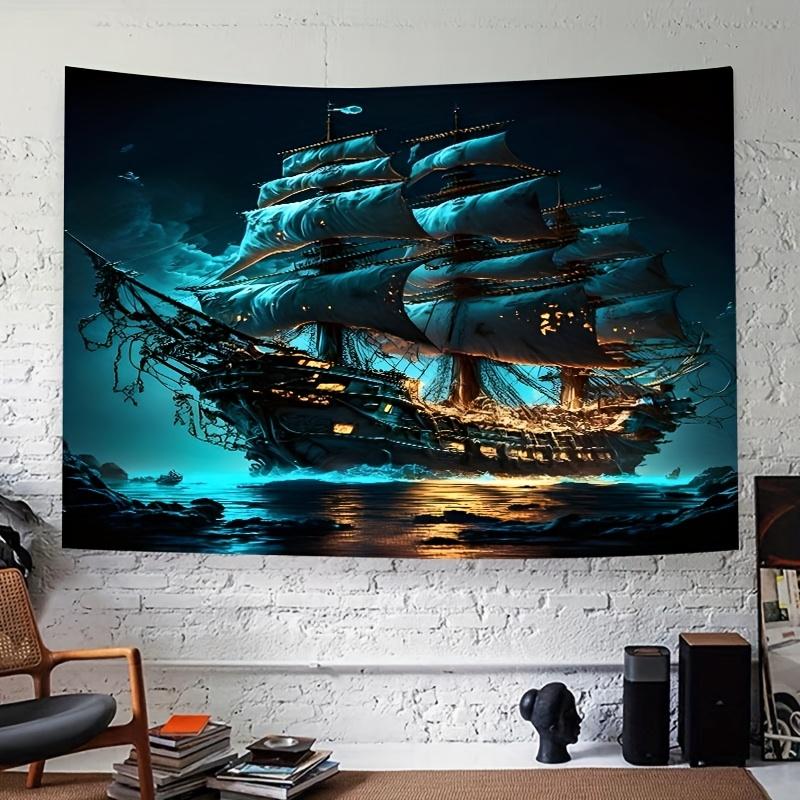 Pirate Ship Ocean Landscape Tapestry Wall Hanging - Navigation Themed Polyester Fiber Fabric