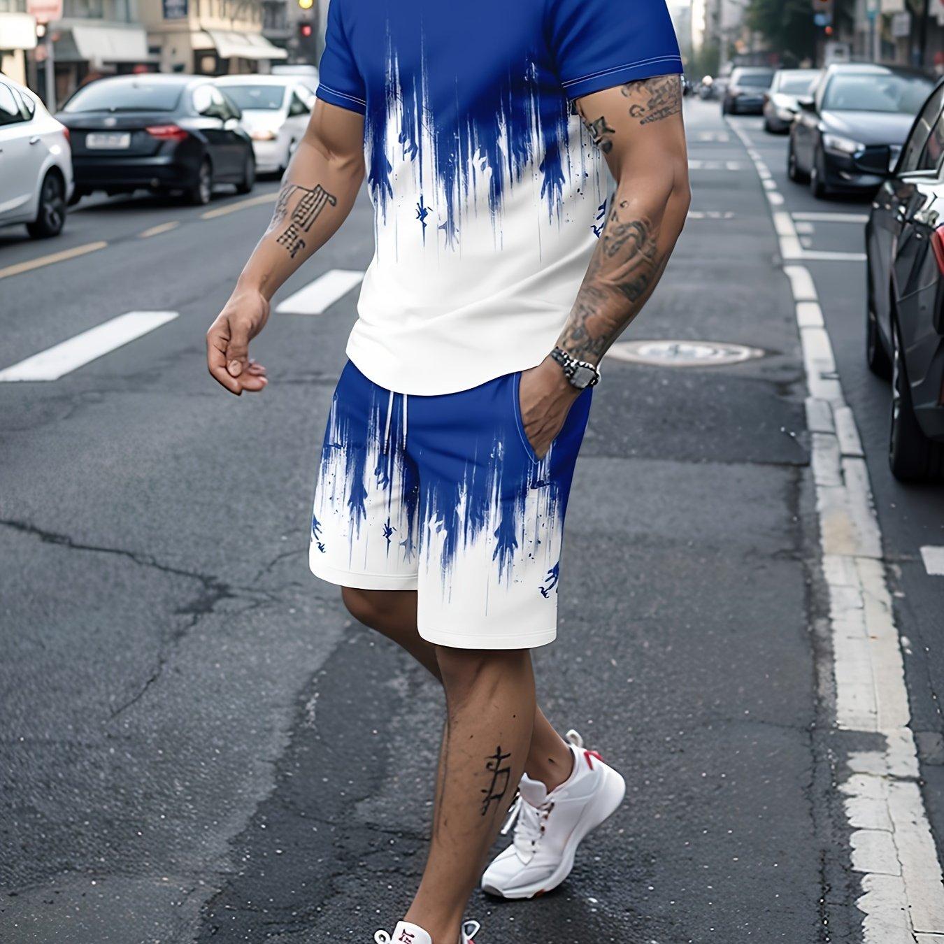 

3D-принт с узором, 2 шт. Мужская одежда, повседневная футболка с круглым вырезом и короткими рукавами, футболка и шорты на шнурке для лета L