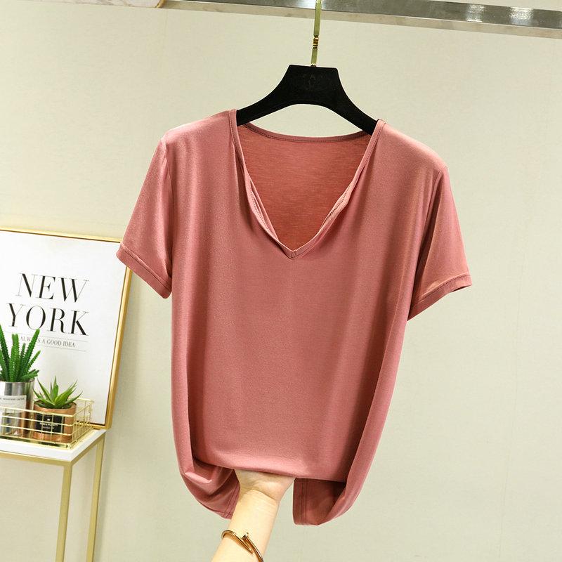 

Женская летняя футболка с коротким рукавом и V-образным вырезом из модала, размер L, легкая, свободного кроя, однотонная Large