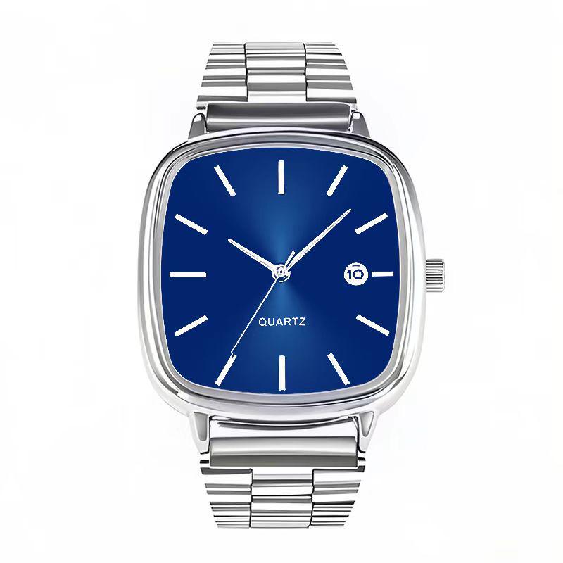 High-End Retro Silver Small Square Steel Band Watch with Calendar, Gold Brick Quartz Movement for Men and Women