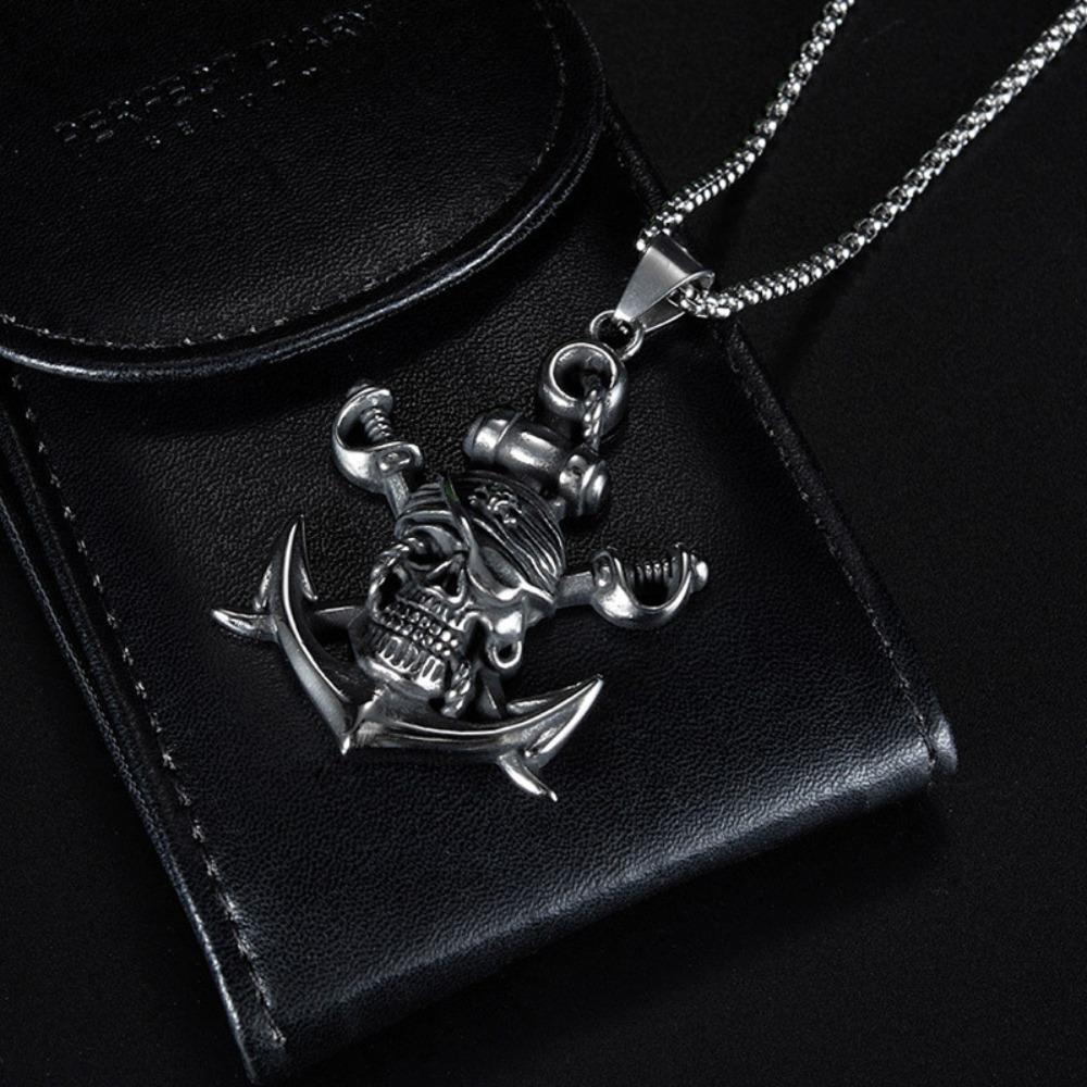 Double Sword Pirate Titanium Steel Pendant Vintage Halloween Skull Ghost Head Anchor Stainless Steel Necklace