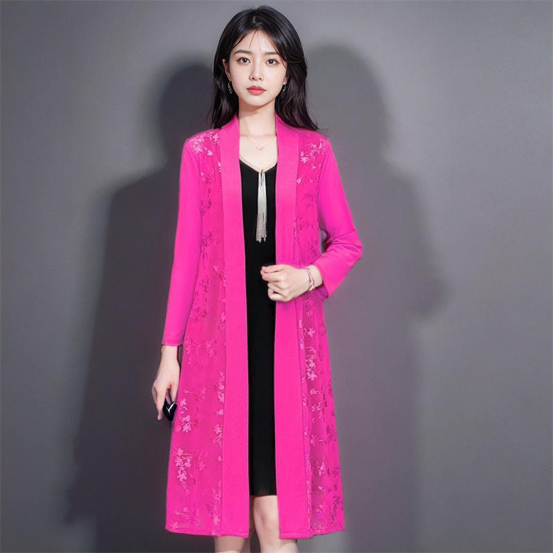 Eisseide-Jacquard-Sonnenschutzkleidung für Frühling und Sommer, Damen-Spitzenschal, mittellange Netz-Strickjacke, dünne Jacke