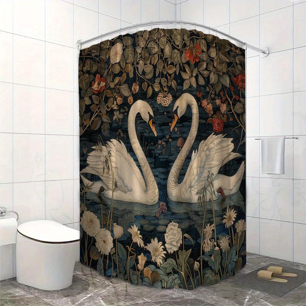 1Pc Victorian-Style Swans Shower Curtain - Romantic Pond Scene With White Swans, Lush Flowers & Greenery, Polyester Fabric