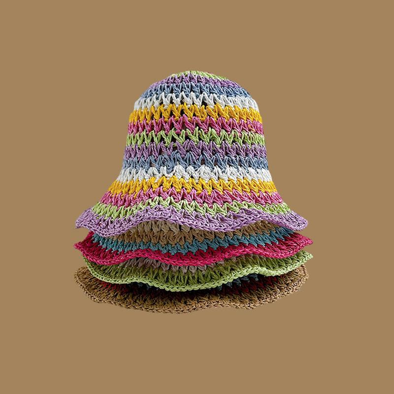 Sommer Regenbogen Gestreifter Eimerhut Damen Häkeln Strand Fischerhut Faltbar Handgefertigt Geflochten Sonnenhut Damen Panama Verkauf