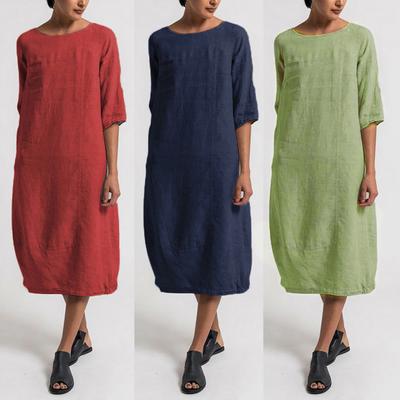 Newest Vintage Summer Women Solid Color O Neck Half Sleeve Linen Soft Loose Midi Dress