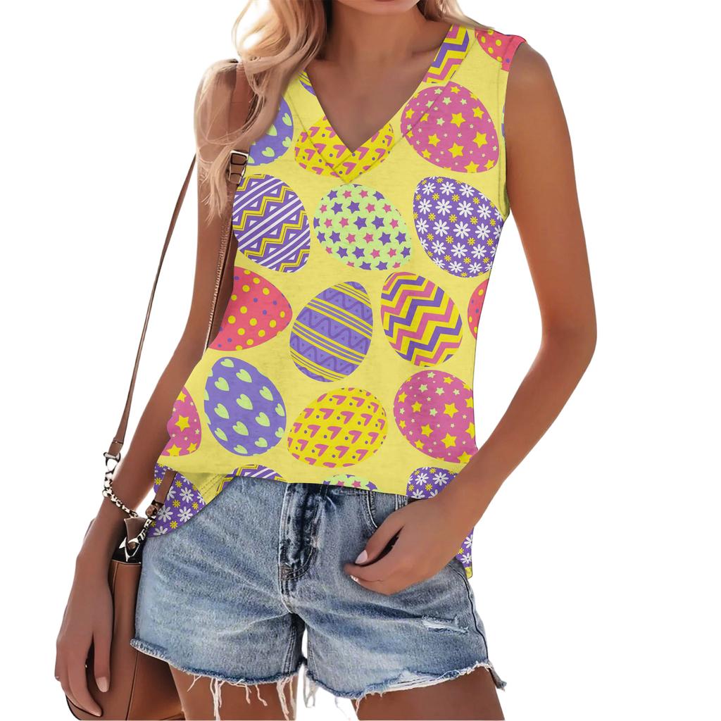 Modny Damski Casualowy Wszechstronny Letni Top na Ramiączkach z Nadrukiem Wielkanocnym Slim-Fit