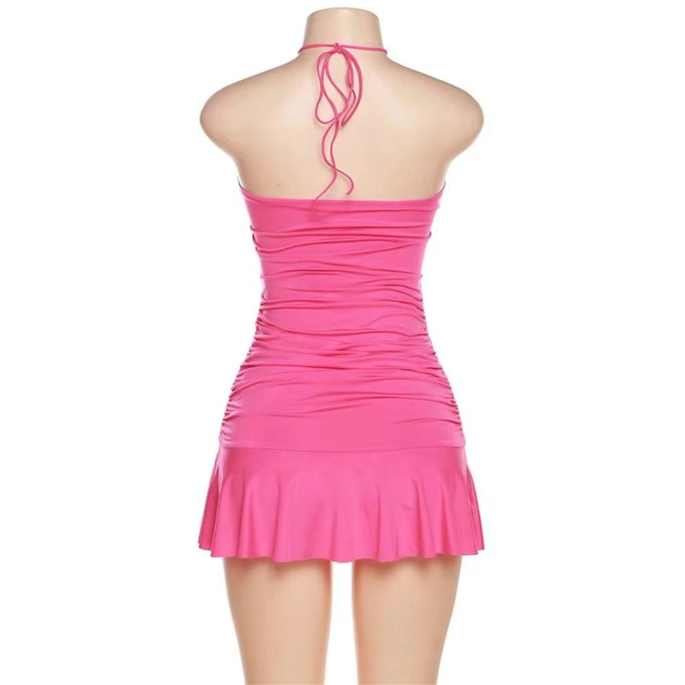 Sleeveless Ruffle Edge Lace Dress Slim Fit Halter Camisole Dress Women Halter Neck Dress Travel