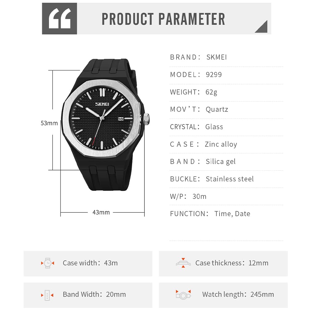SKMEI Men's Watch, Simple Black Silicone Sport Wristwatch, Waterproof, Stylish Casual Analog Quartz Movement with Large Date Display and Fluorescent