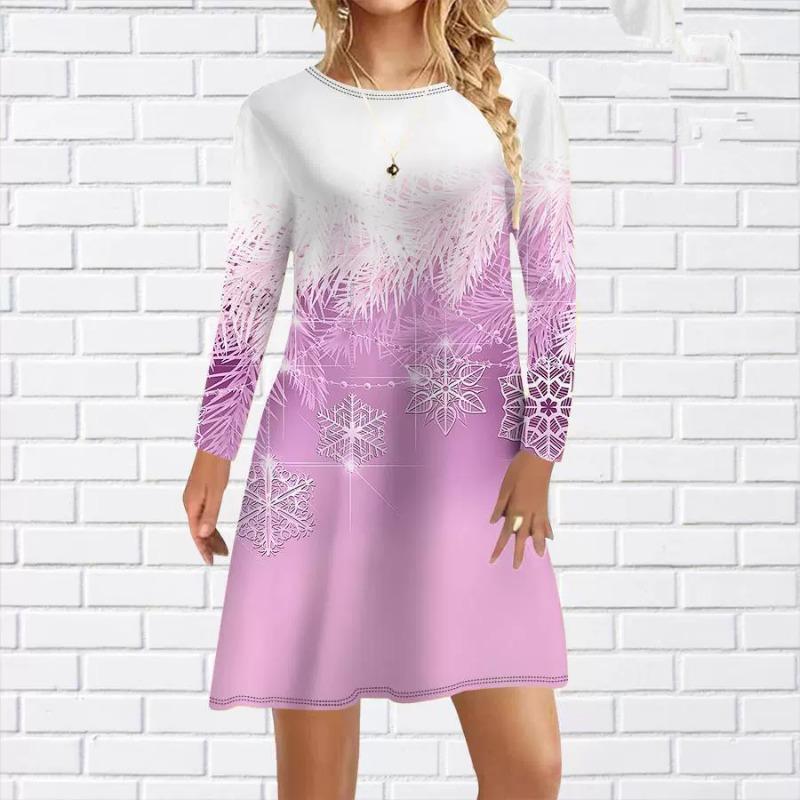 Fashion Gradient Snowflake Pattern Women Mini Dresses Autumn Winter Long Sleeve 3D Printed Christmas Ladies Dress