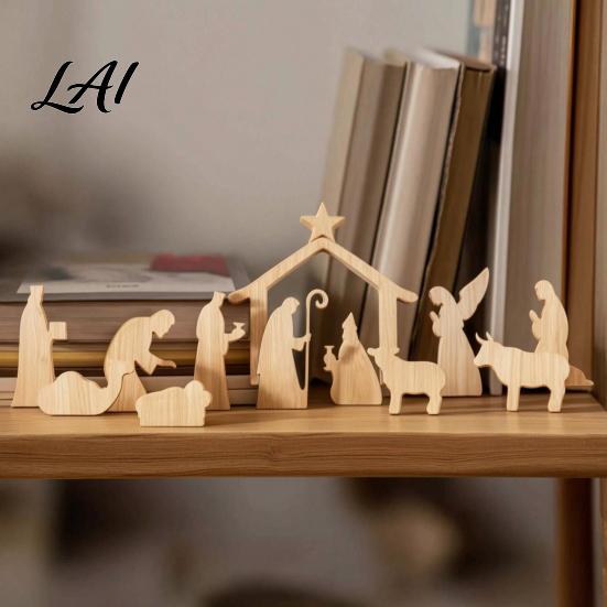 Christmas Story Display for Home 13Pcs Wooden Nativity Scene Set Mini Holy Family Figurines Durable Set Decoration Tabletop Manger Decorations