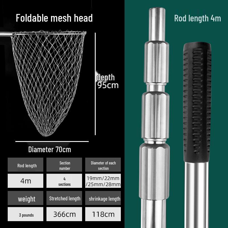 Telescopic Stainless Steel Fishing Rod with Foldable Net Head and Fish Bag Grapnel Set