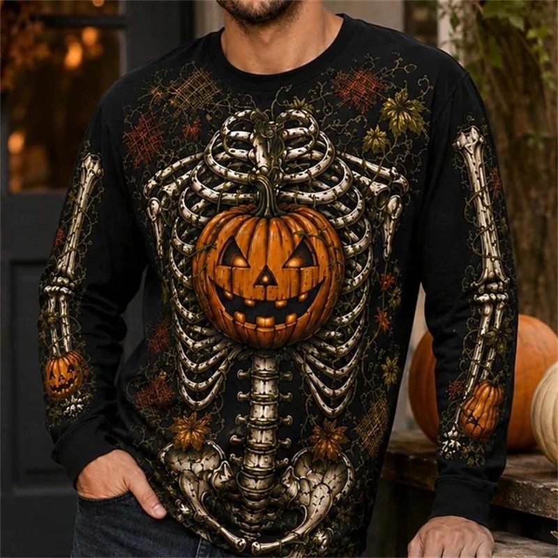 2026 New Men's Halloween 3D Printed Long Sleeve Casual Round Neck Top Long Sleeve with Pumpkin Skull Flame and Chain Design