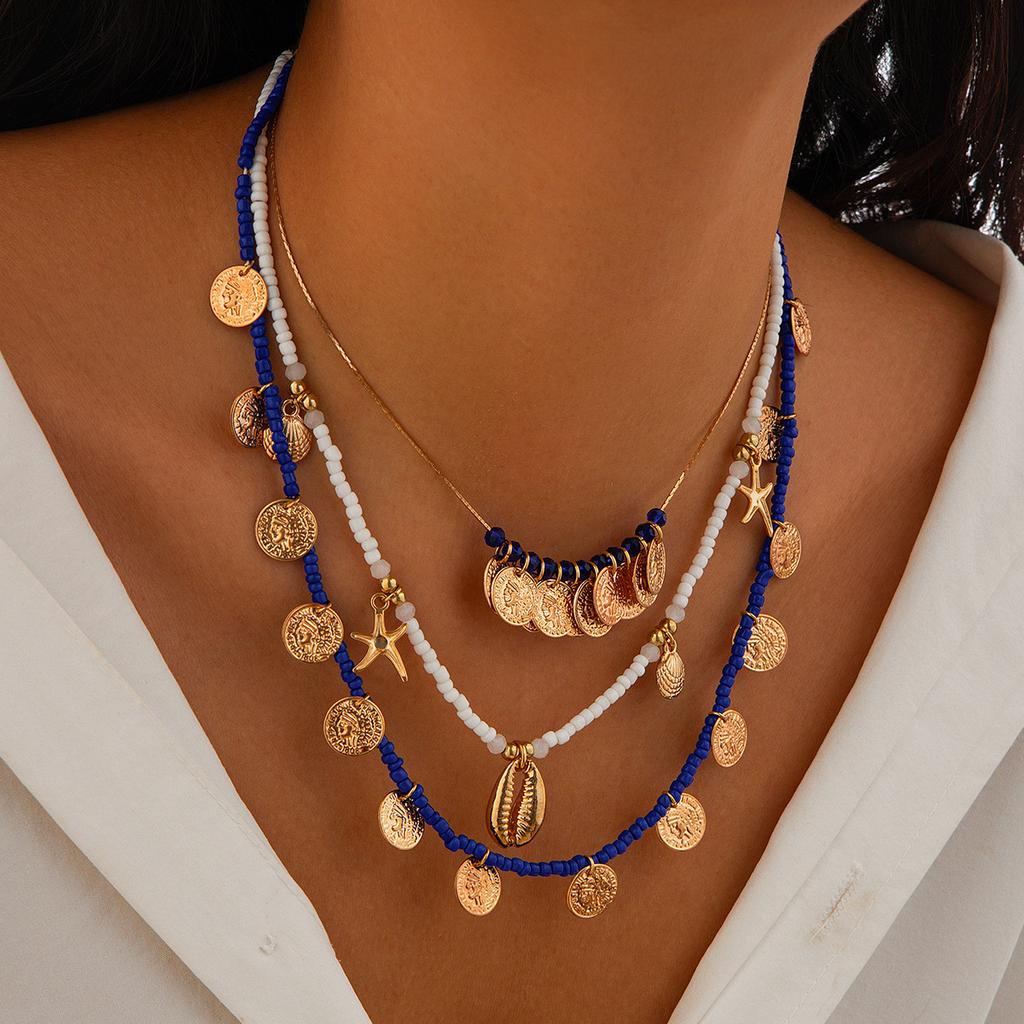 Literary And Retro-Style Portrait, Coin Necklace, Ethnic And Exotic Rice Beads, Beaded Shell Necklace Decoration