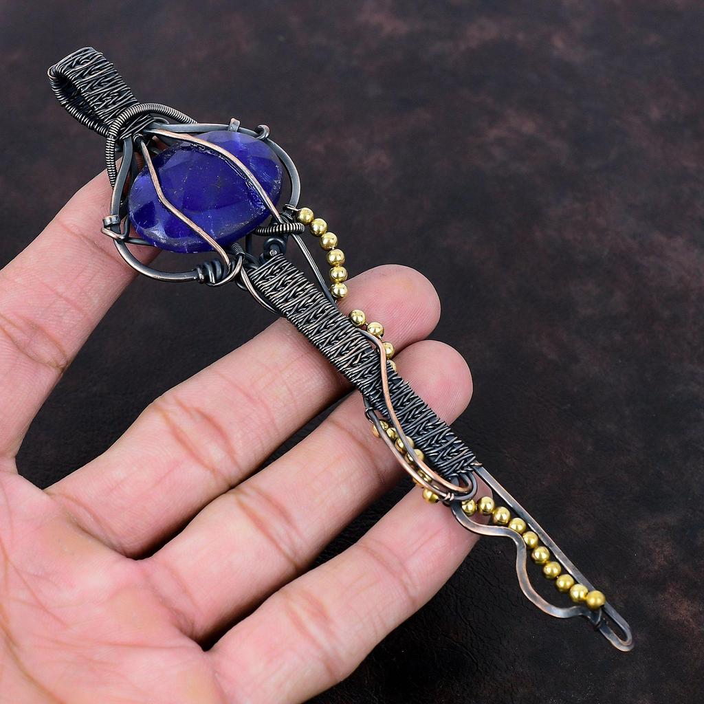 Faceted Blue Sapphire Pendant Copper Wire Wrapped Pendant Handmade Gemstone Pendant Wire Wrapped Jewelry Key Pendant Copper Jewelry For Gift