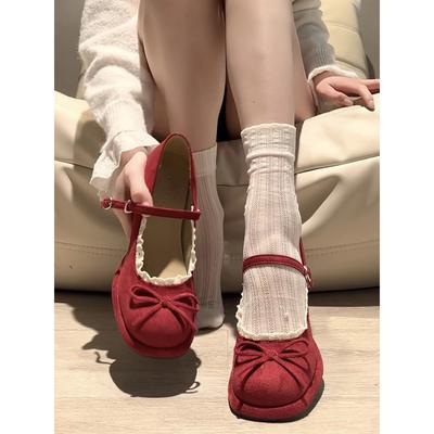 Red French Round Head Thick Heel High Heels Spring and Autumn Skirt Heightening Retro Mary Jane Single Shoes