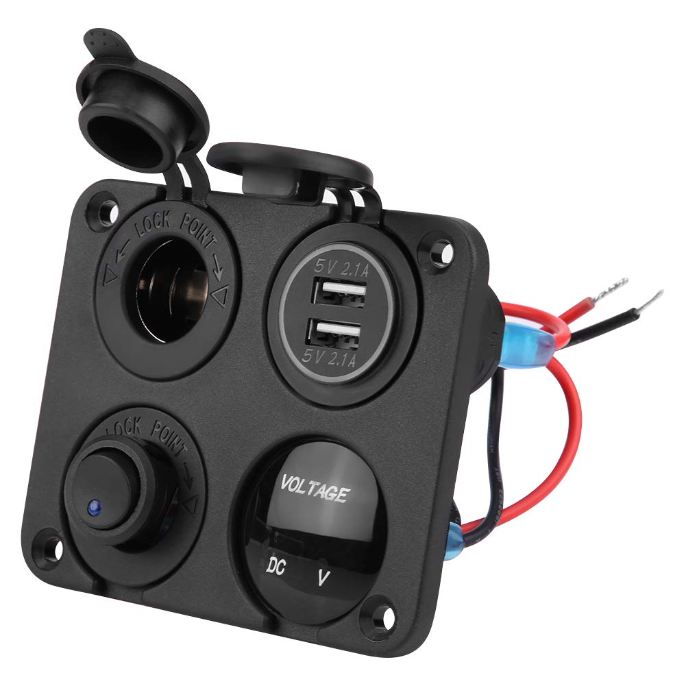 Keenso DC12/24V 4-Way Waterproof Switch Panel with LED Light, ON/OFF Toggle, 4.2A USB Socket, Voltmeter, and Cigarette Lighter (Blue Light) for Marine