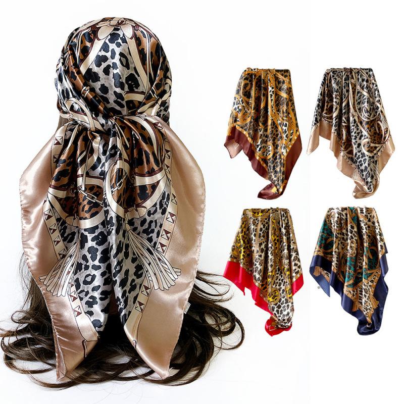 90cm Faux Silk Satin Square Scarf – Leopard Print Silk Scarf for Women, New Style Headscarf and Shawl