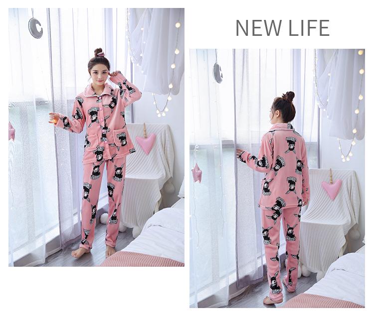 Women's Coral Fleece Pajamas: Warm, Thick Cardigan Lapel Homewear Set for Autumn and Winter
