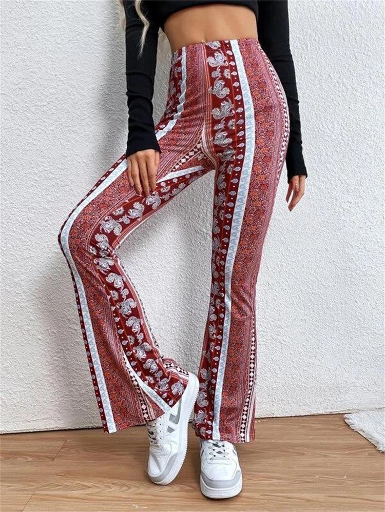 2025 Spring/Summer European-American Style Elastic Micro-Flare Printed Casual Pants