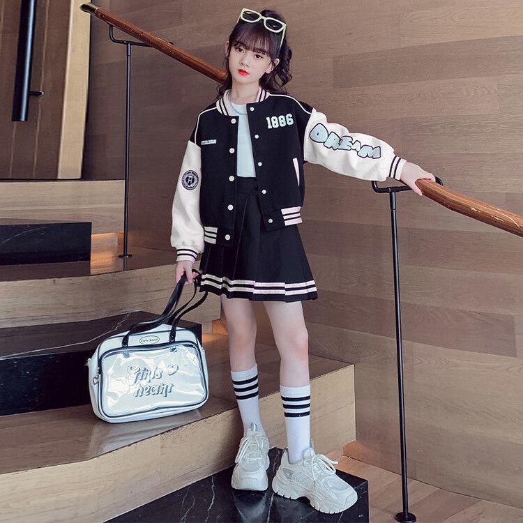 Teen Girls  Suit Baseball Uniform  Fashion Letter Print Patchwork Jacket Coat + Pleated Skirt 2pcs JK Outfits