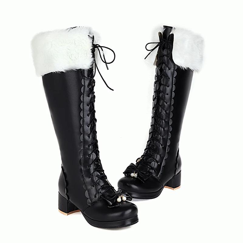 Übergröße Winter Damen Hochzeit Brautschuhe Weiß Rosa Fell Hals Schleife Rüschen Prinzessin Uniform Lolita Cosplay Kniehohe Stiefel