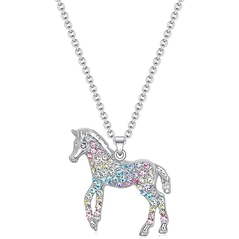 Fashionable Colorful Rainbow Horse Pendant Necklace With Sparkling Design For Women