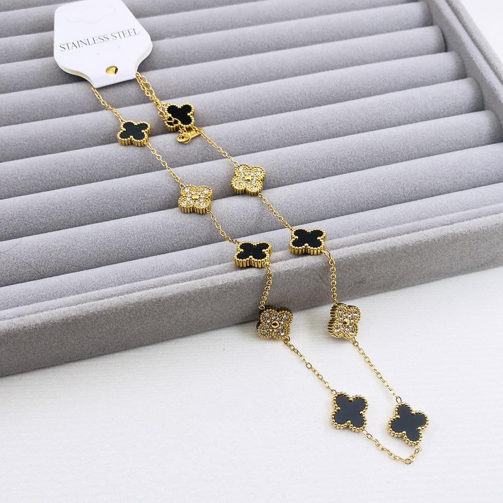 13 mm dubbelsidigt halsband med 10 blommor, glänsande fyrklöver, exklusivt, blekfri tröjkedja för kvinnor, nyckelbenskedja
