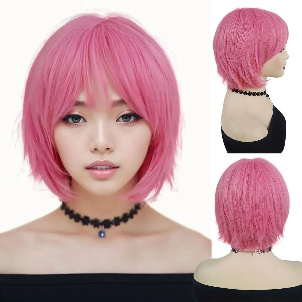 Short Pink Cosplay Wigs for Women Synthetic Hair Wig with Bangs Straight Anime Movie Costume Party Halloween Wig Drag Queen