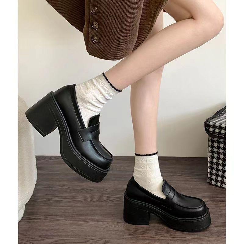 Black French loafers summer 2025 new thick heel high heel retro British style heightened platform small leather shoes women