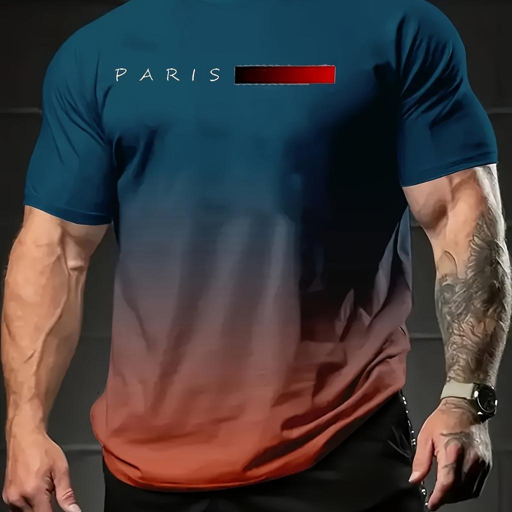 Summer Men's Gradient Paris Letter 3D Printed T-shirts Gradual Change Color Round Collar Short Sleeve Tops Tees, Outdoor Cloth