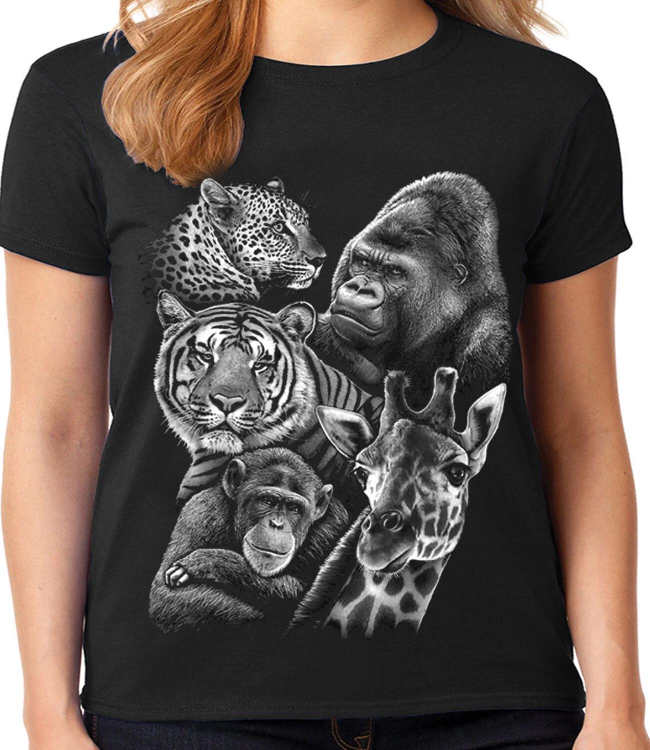 Ladies Graphic Tee Shirt - Tiger Cheetah Gorilla Monkey Giraffe Zoo T-shirt L