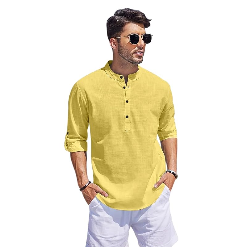 Zartha Men' Cotton Blend Casual Kurta Shirt Light Yellow