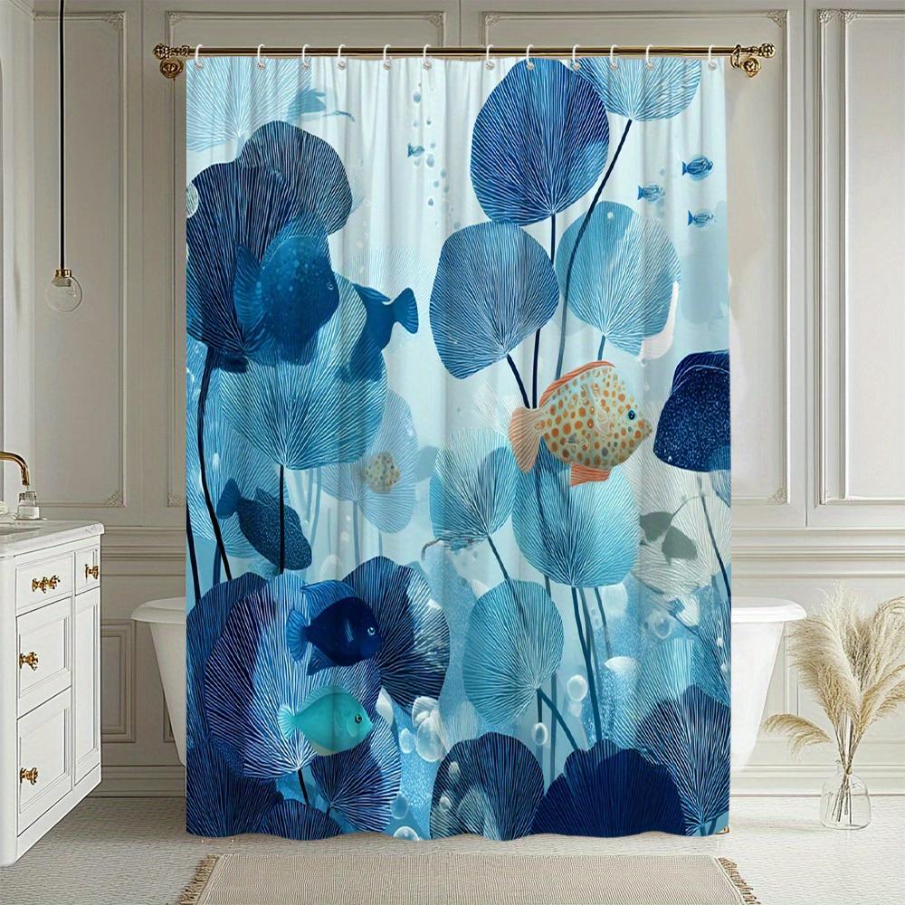 1Pc Ocean Theme Fish And Aquatic Plants Pattern Shower Curtain Exquisite Bathroom Decoration Polyester Fabric Contains 12 Hooks