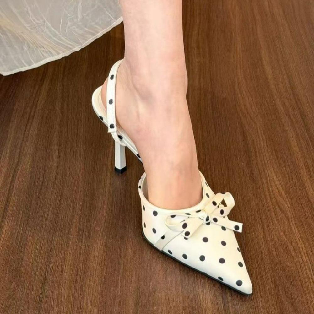 Neue Süße Polka Dot Spitz Hohe Absatzschuhe für Damen, Stiletto-Absatz mit Schleife und Riemchen-Sandale mit offenem Rücken und Zehen