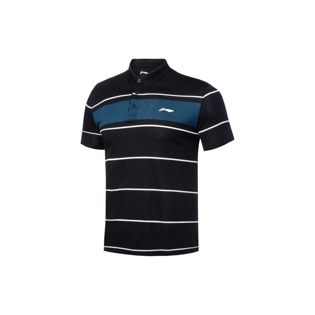 Li-Ning Training Series Striped Print Square Neck Short Sleeve Polo Shirt Men Polo Shirts Black APLQ037-1