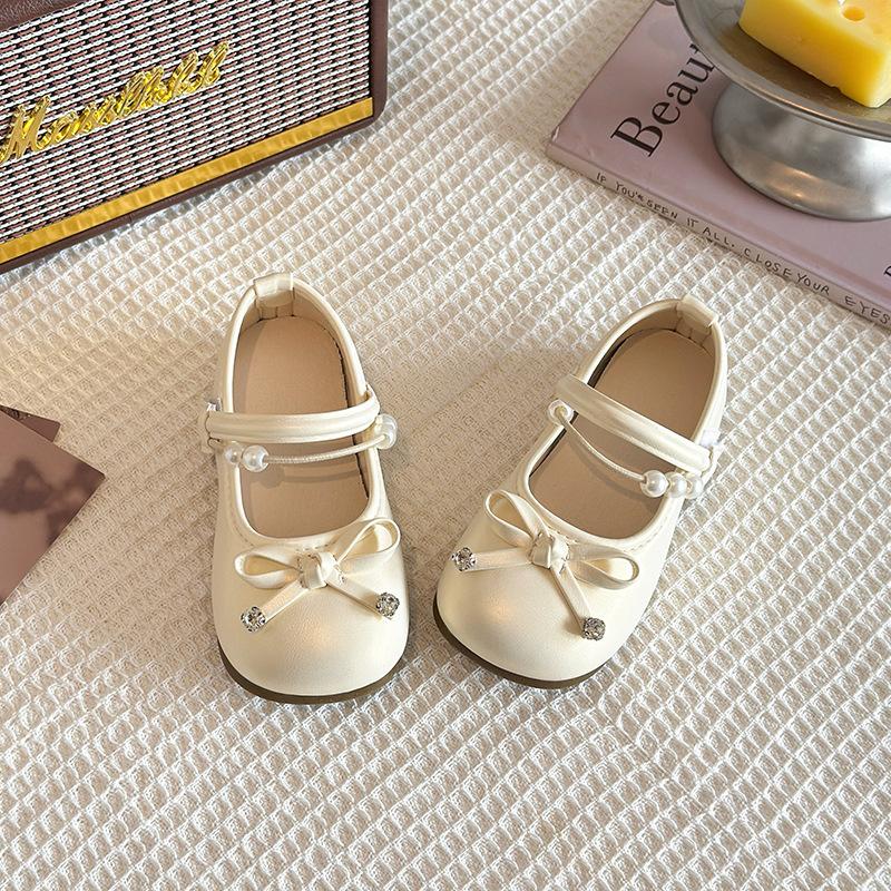 Kids Cream Bow Pearl Rhinestone Decor Mary Jane Shoes 26